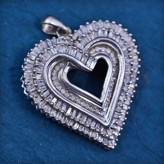 Vintage elegant Sterling silver 925 heart pendant with cluster genuine diamonds