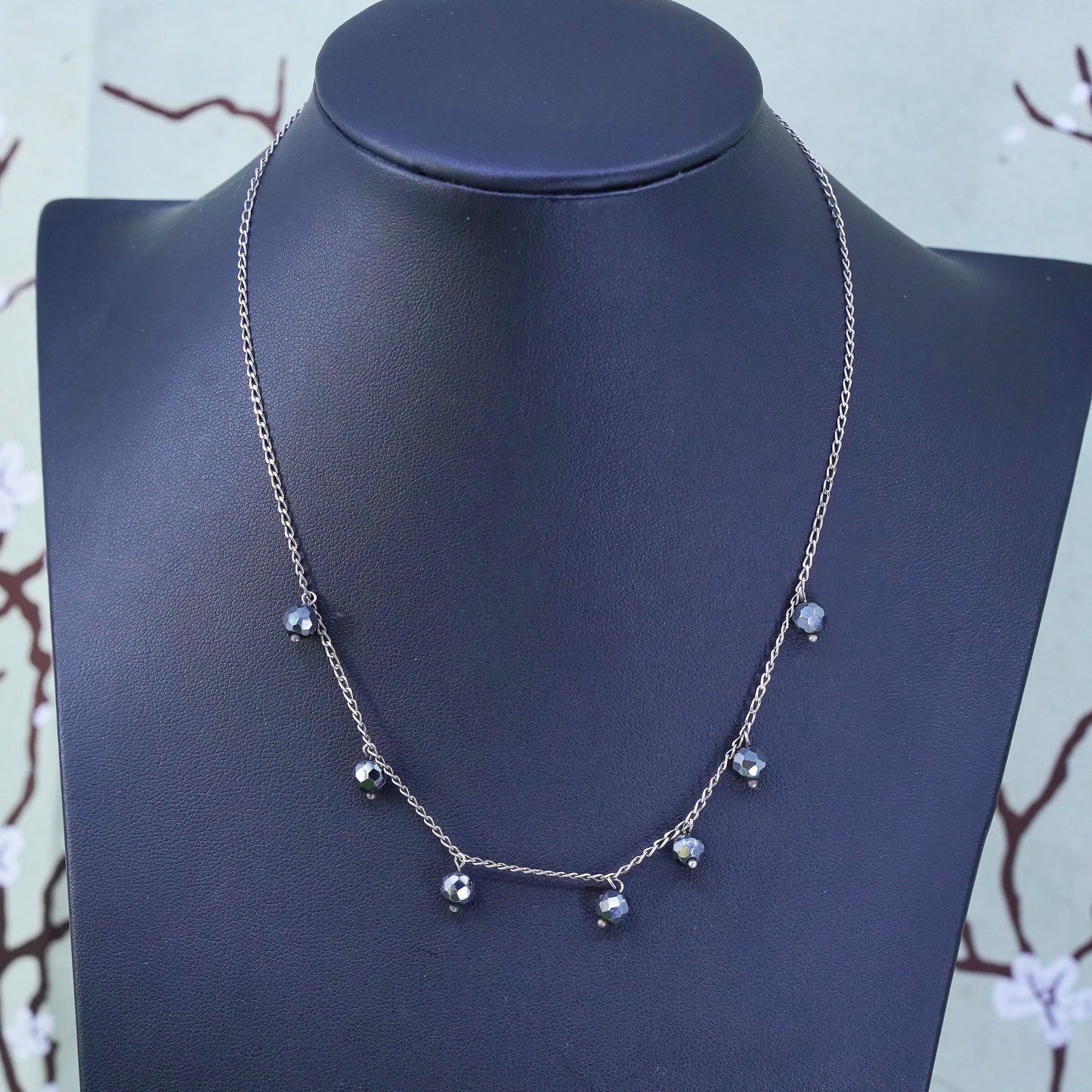 16", sterling silver handmade beads necklace, 925 chain with hematite beads