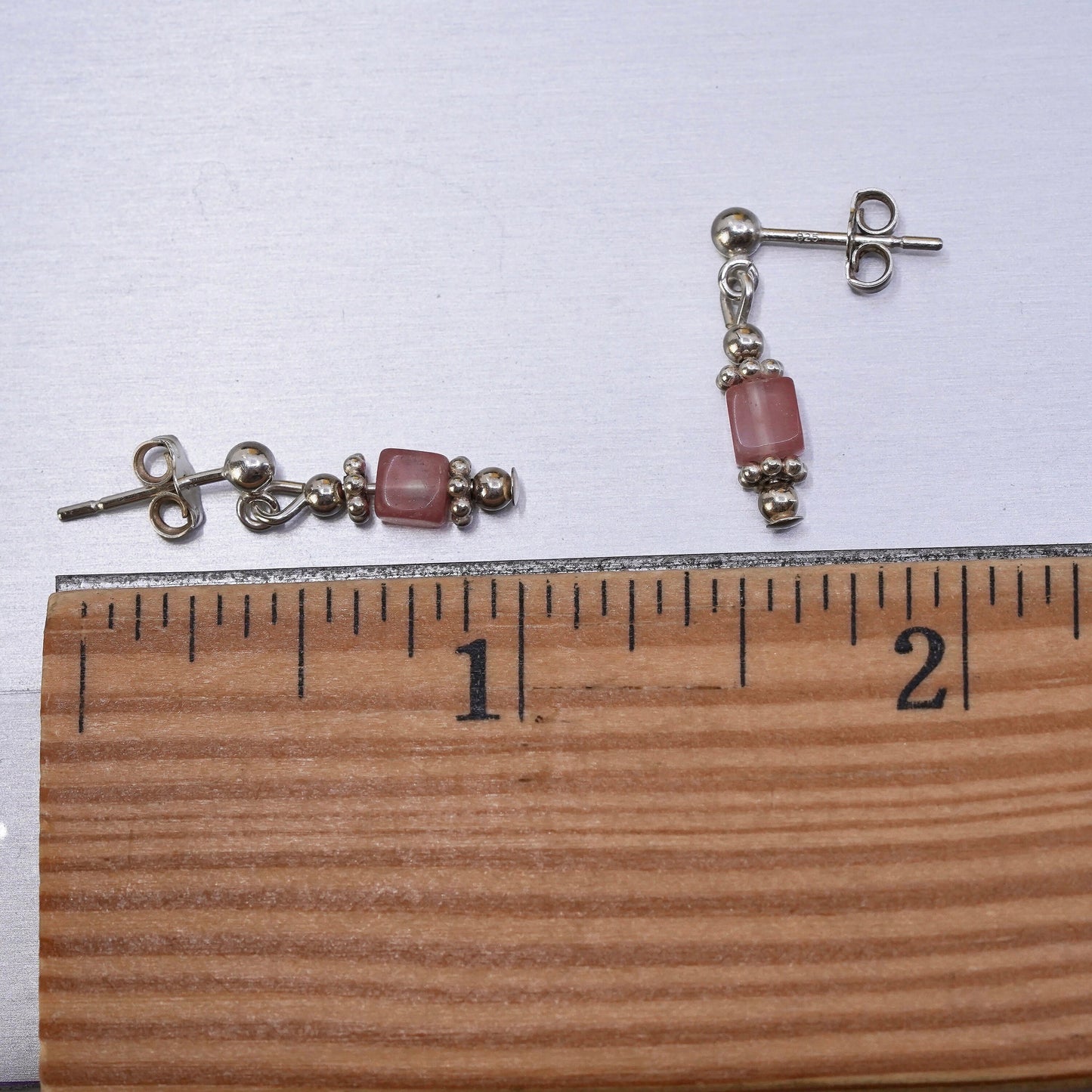 Vintage Sterling 925 silver handmade earrings with pink rose quartz