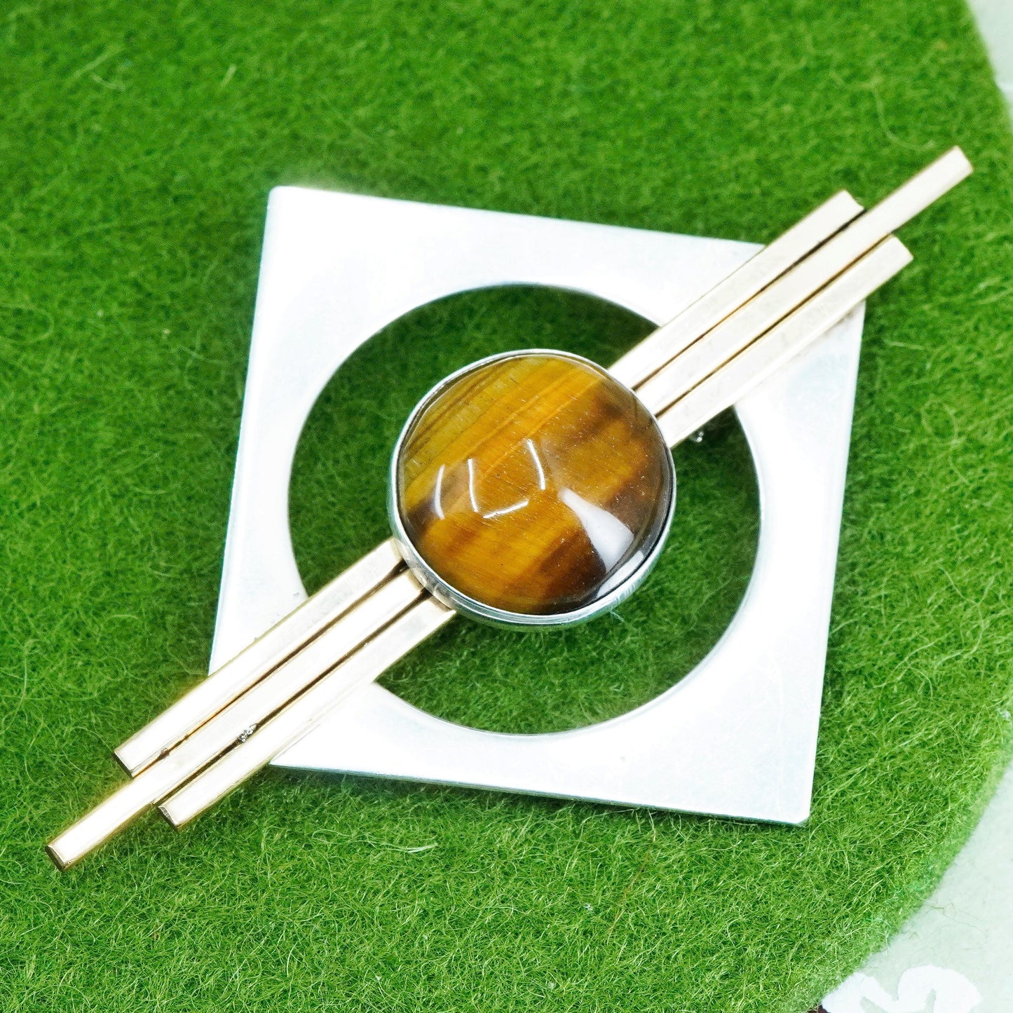 PJP gold filled sterling silver brooch, modern 925 square golden tiger of eye