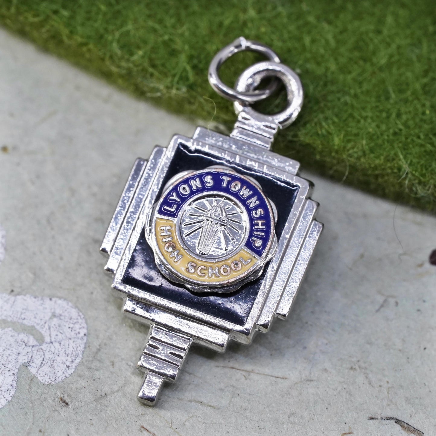 Vintage silver tone pendant, Lyons Township charm with enamel