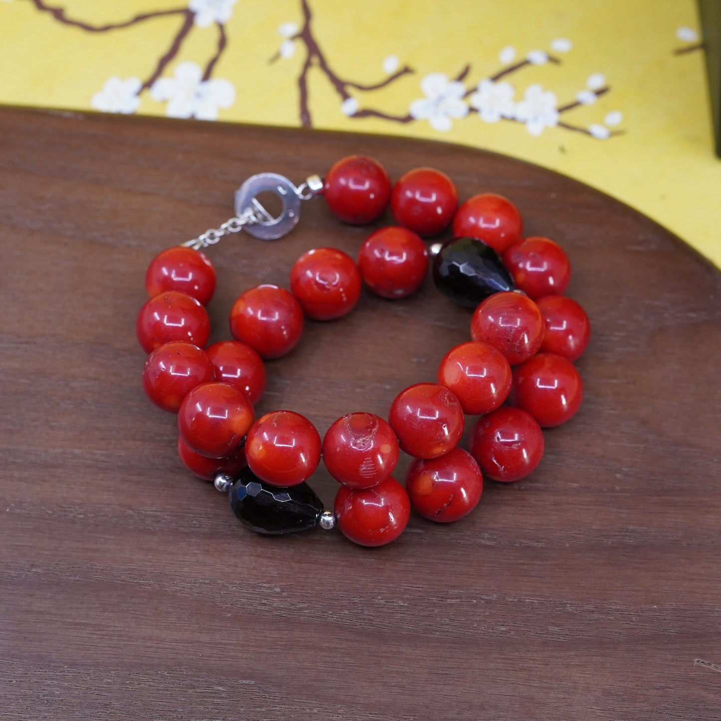 18”, huge coral beads necklace with smoky quartz and sterling 925 silver