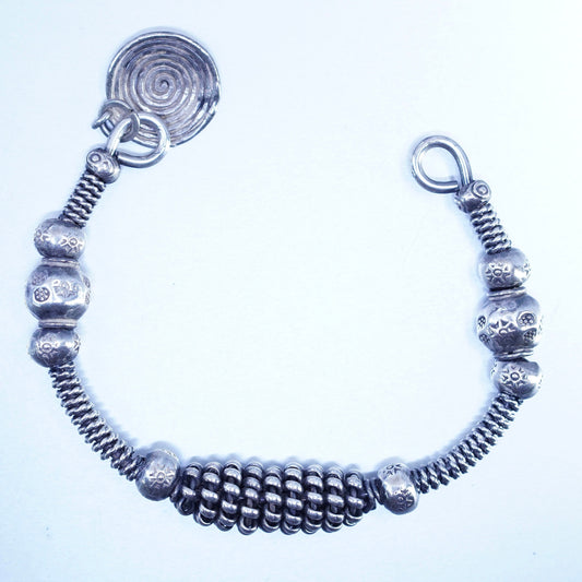 7.5”, Sterling 925 silver handmade bracelet, twisted cable cuff sprial charm