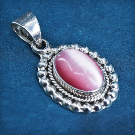 Mexican Sterling silver pendant, 925 beaded charm with oval pink cat eye