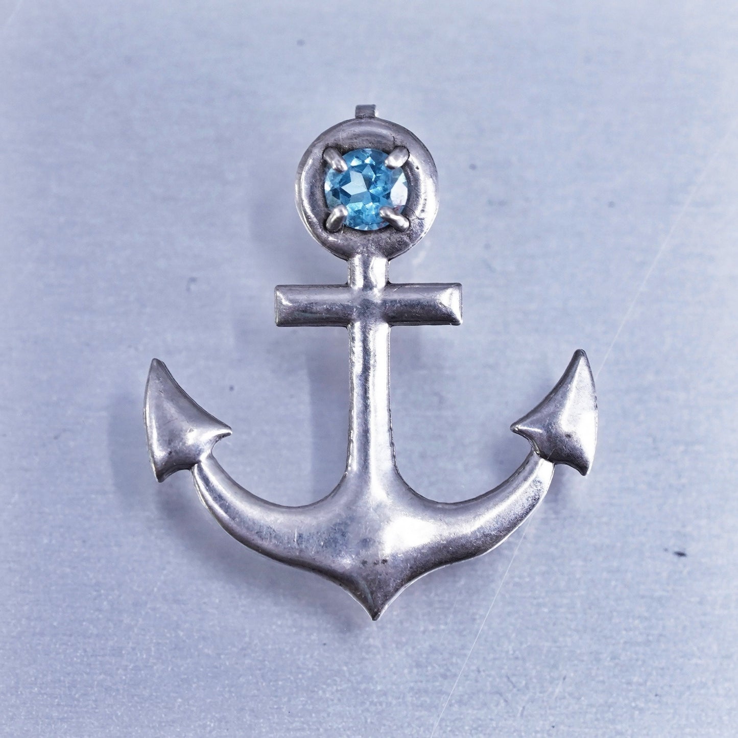 Vintage Italy Sterling 925 silver anchor pendant with blue crystal, stamped 925