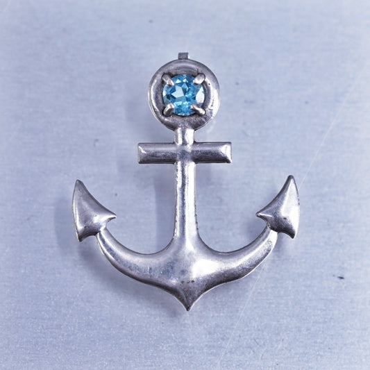 Vintage Italy Sterling 925 silver anchor pendant with blue crystal, stamped 925