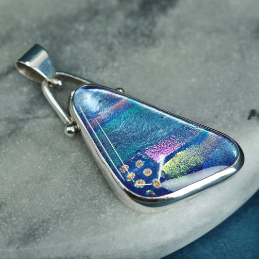 Native American 925 Sterling silver handmade pendant with blue foiled glass