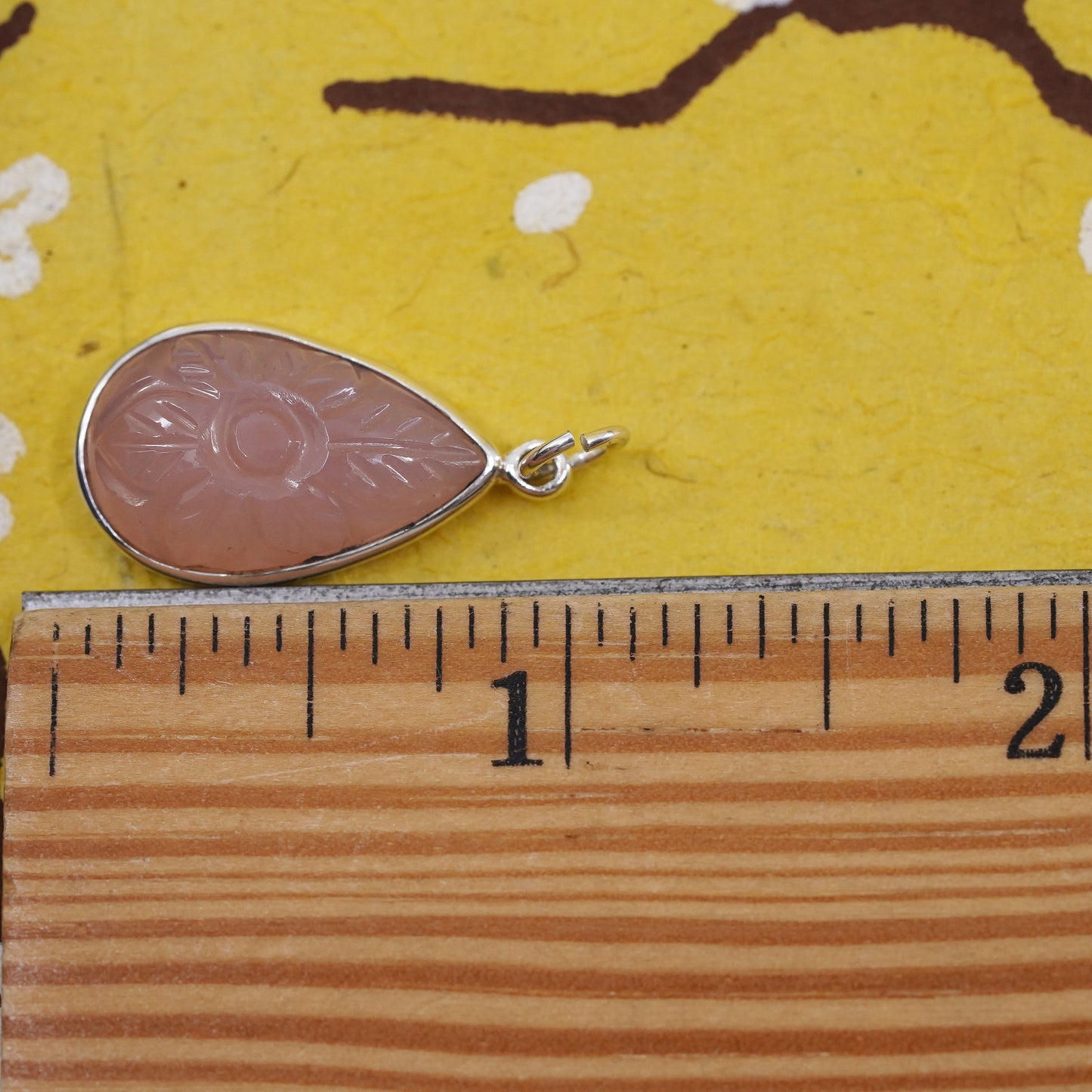 Sterling 925 silver handmade pendant with carved teardrop pink rose quartz