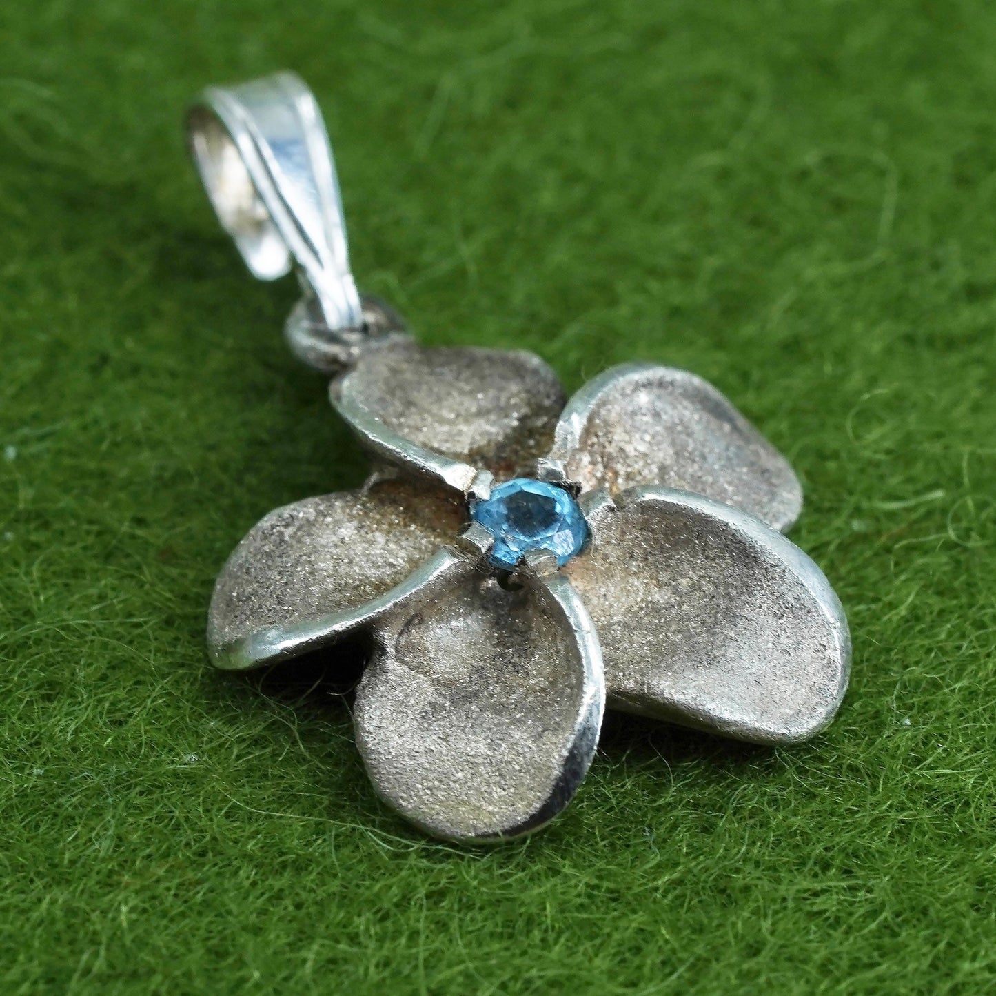 Vintage Sterling silver handmade pendant, 925 plumeria flower charm w/ blue Cz