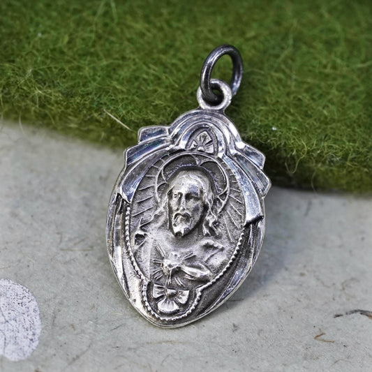 sterling silver charm, 925 double sided pendant, Christian, Jesus Virgin Mary