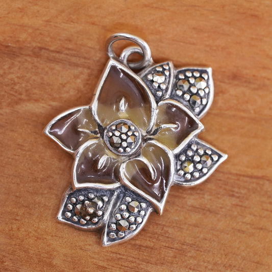 Vintage Sterling 925 silver handmade enamel flower pendant with marcasite