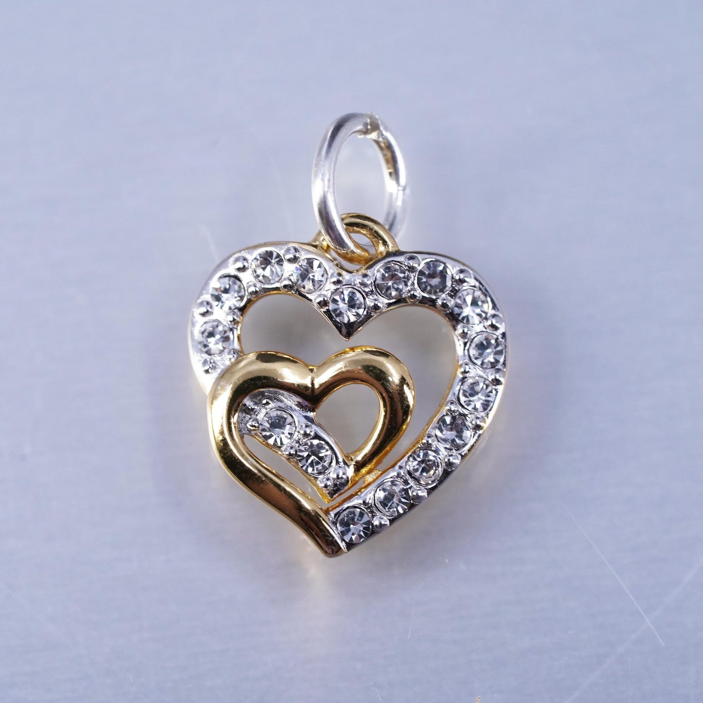 Vintage vermeil gold over sterling 925 silver double heart pendant with cz