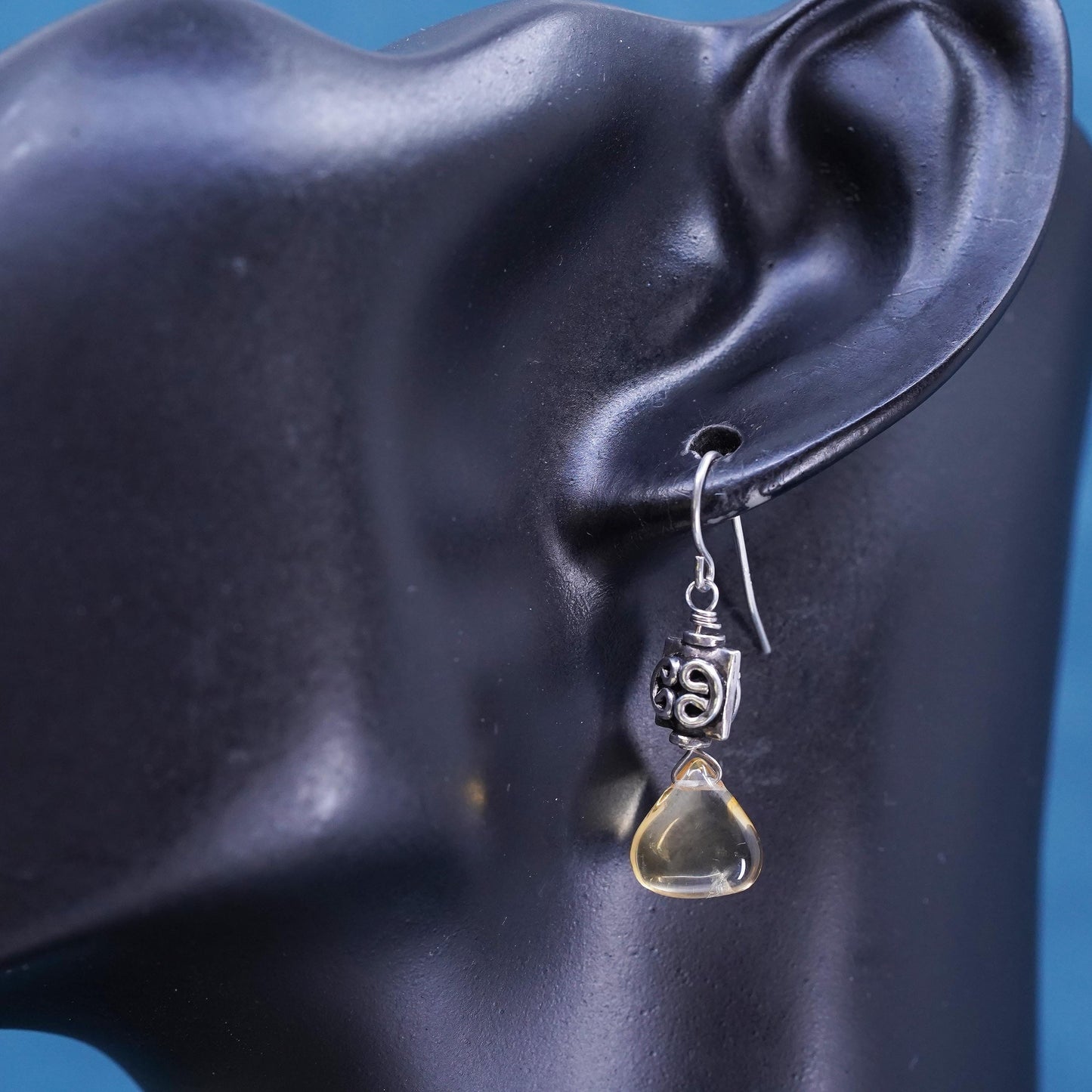 Vintage Sterling 925 silver handmade filigree earrings with teardrop citrine