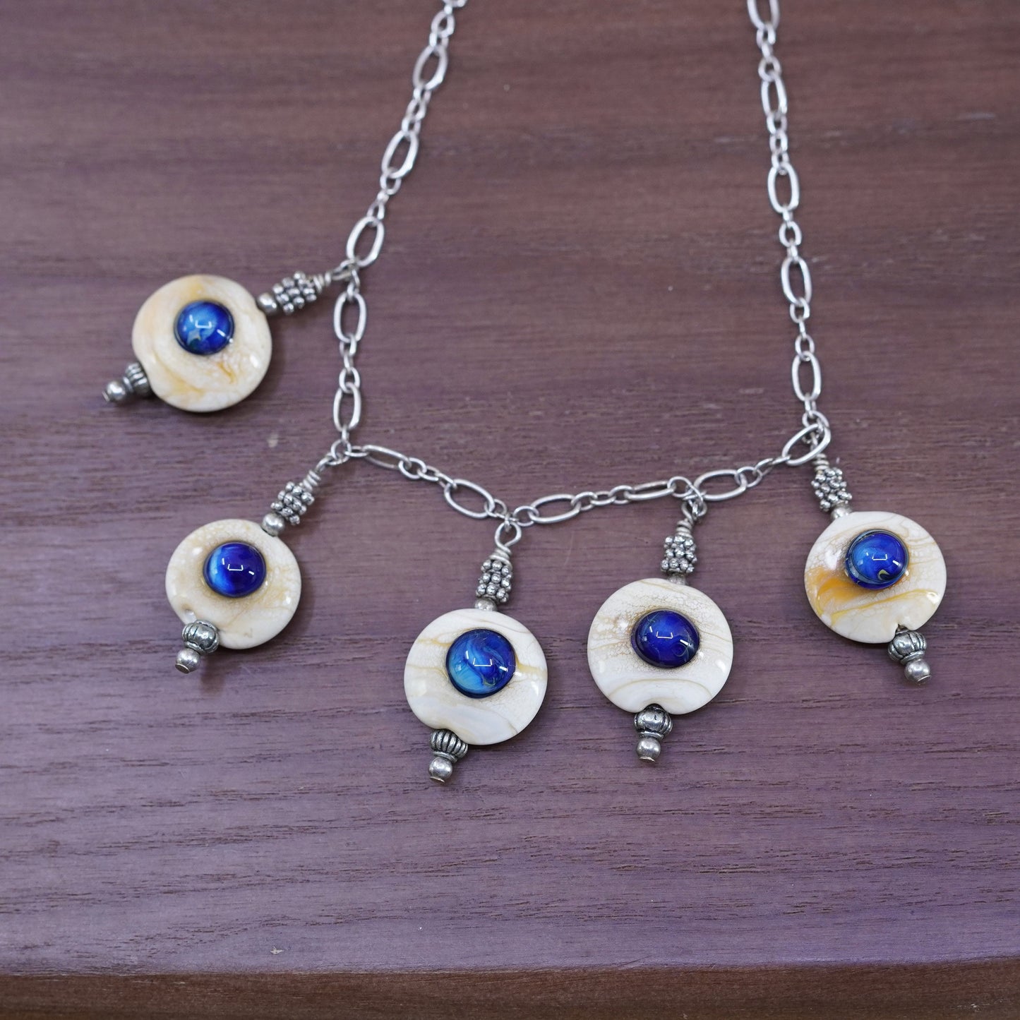 18”, sterling 925 Silver elongated chain necklace with shell evil eye pendants