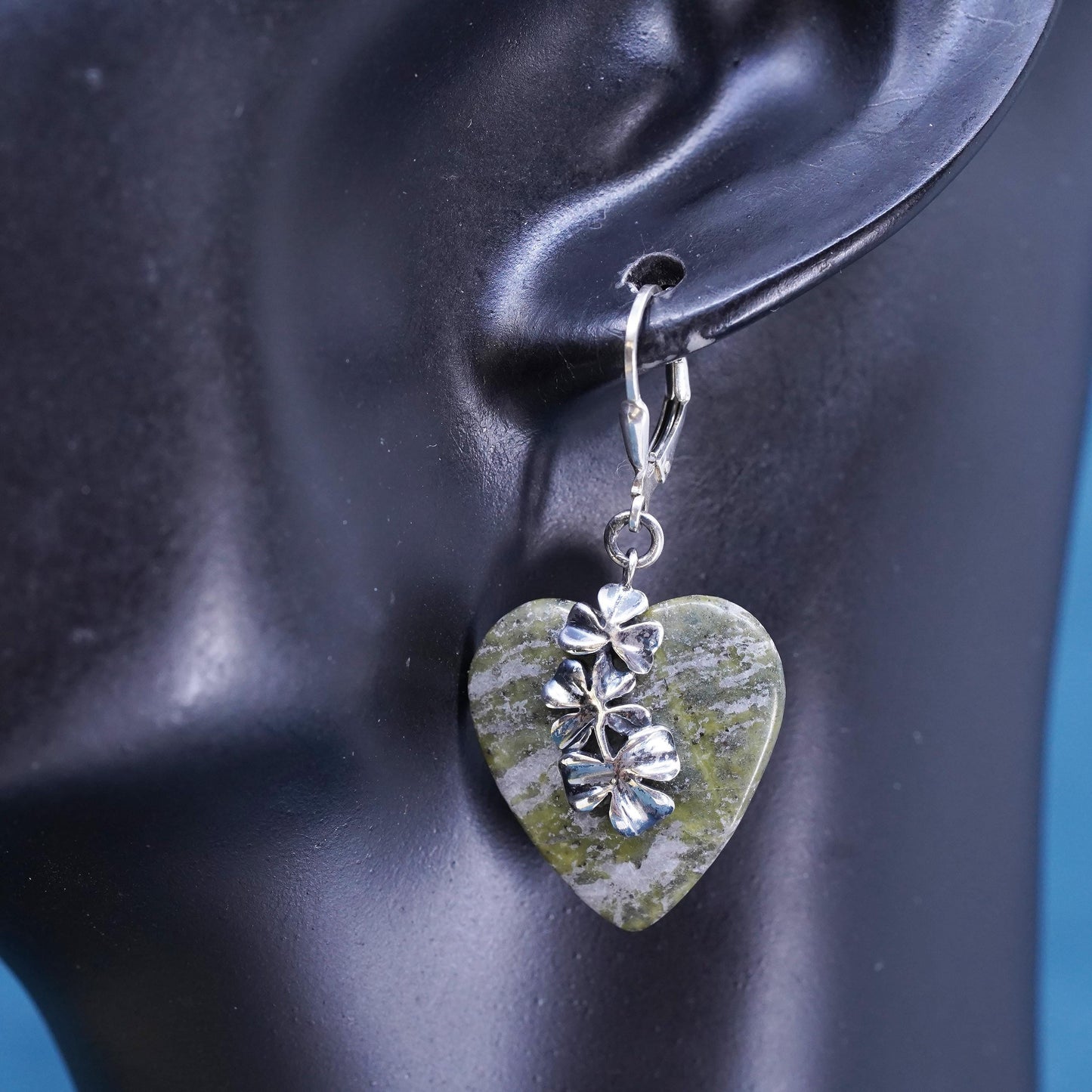 Irish Sterling 925 silver clover earrings heart connemara marble lever back