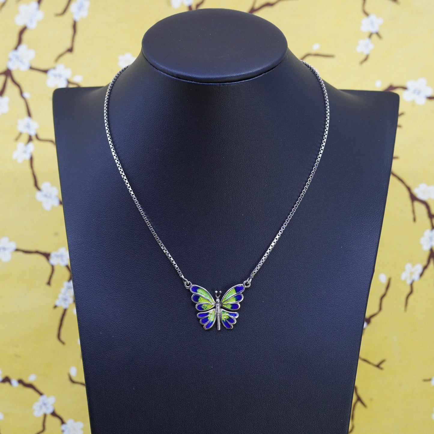 16”, sterling silver handmade necklace, 925 box chain with enamel butterfly