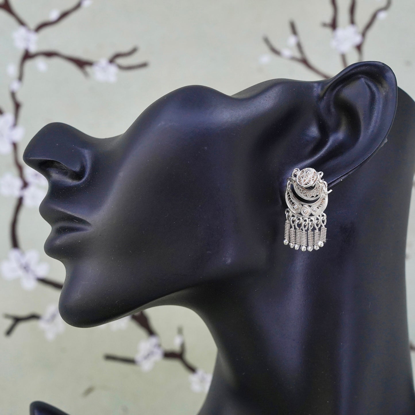 Vintage southwestern sterling 925 silver filigree earrings with fringe dangles