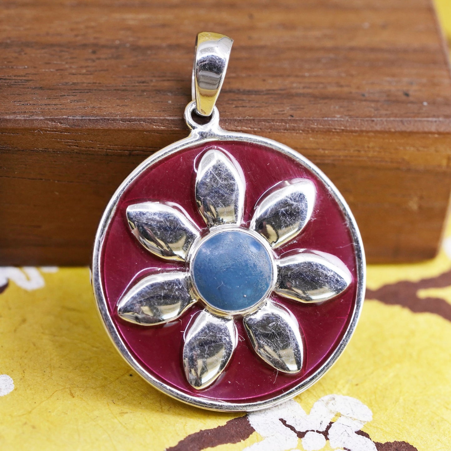 Sterling silver flower pendant, 925 circle charm with enamel and turquoise