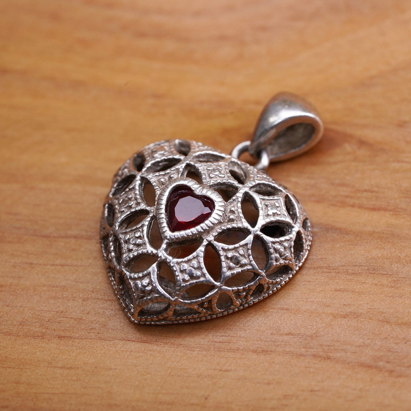 Vintage Sterling silver handmade pendant, 925 filigree heart with ruby