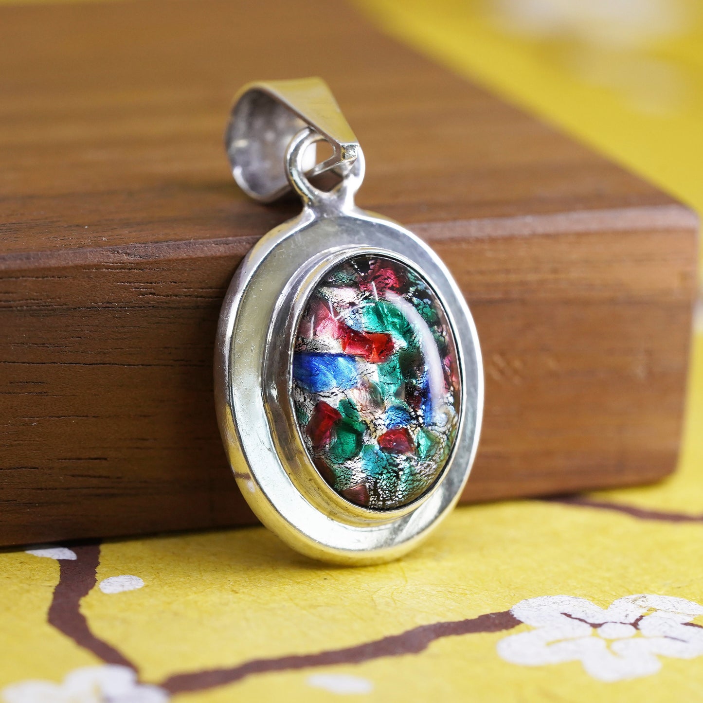 VTG Sterling 925 silver handmade pendant with vivid colored foil glass, unique