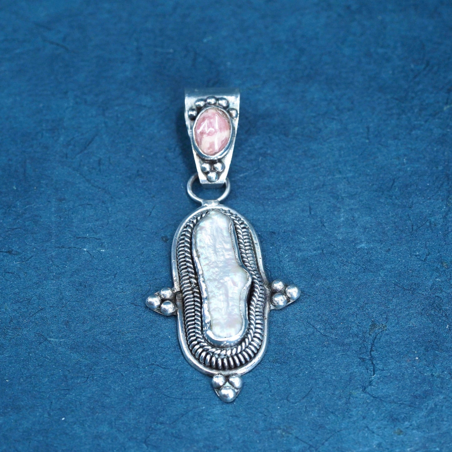 Vintage Sterling 925 silver pendant w/ long baroque Pearl, rhodochrosite cable