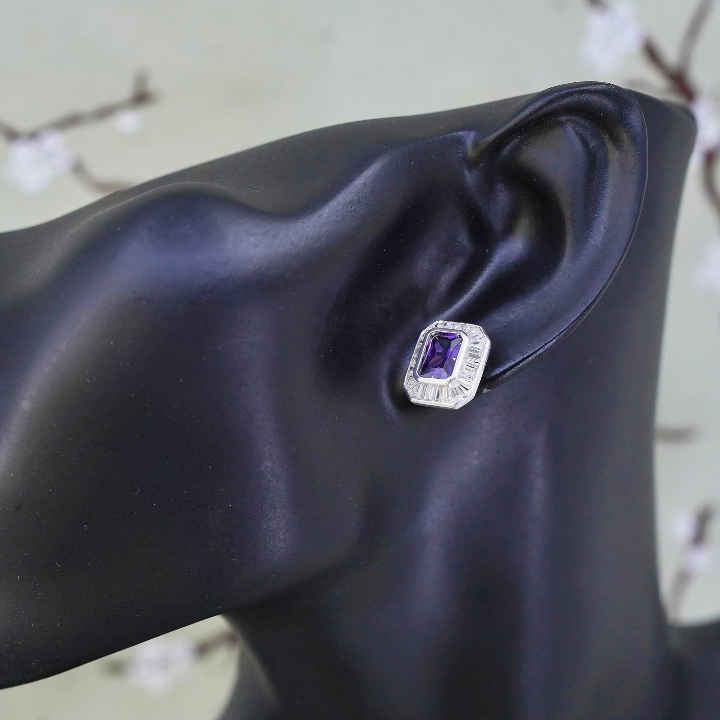 Vintage sterling silver earrings, 925 studs with emerald cut amethyst and cz