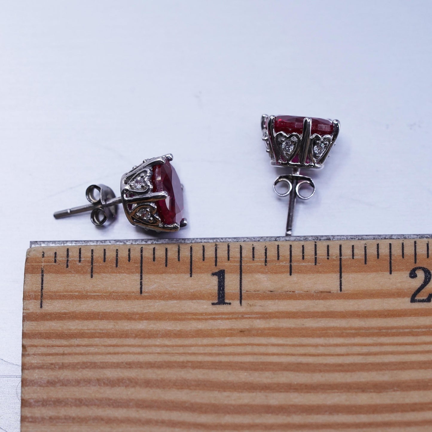 Vintage Sterling 925 silver handmade earrings, studs with ruby cz on the side