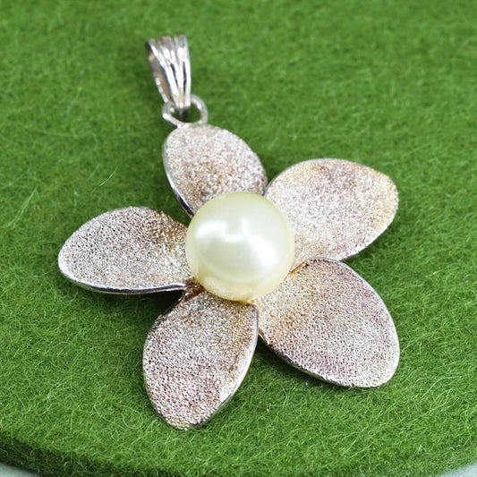 Sterling silver handmade pendant, glittering 925 plumeria flower charm pearl