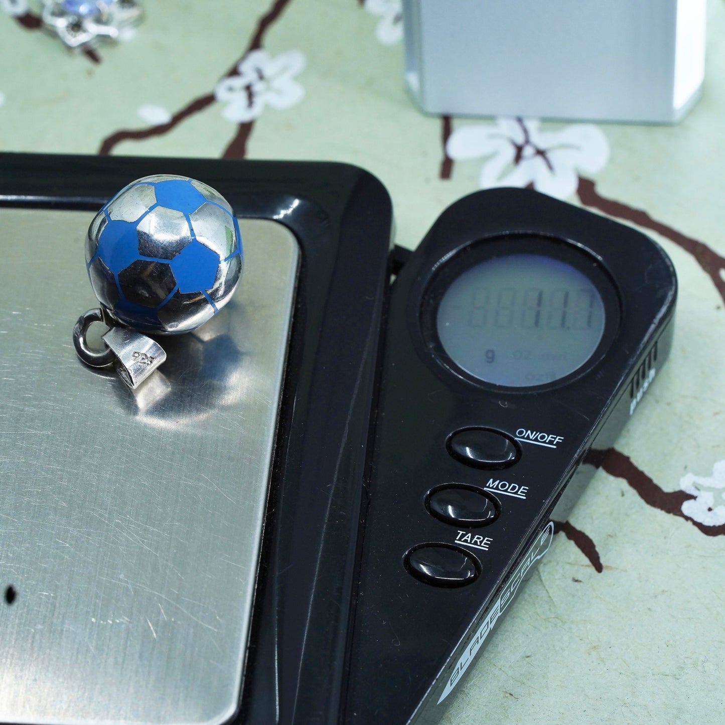 Mexican sterling silver pendant, 925 silver football soccer charm blue enamel