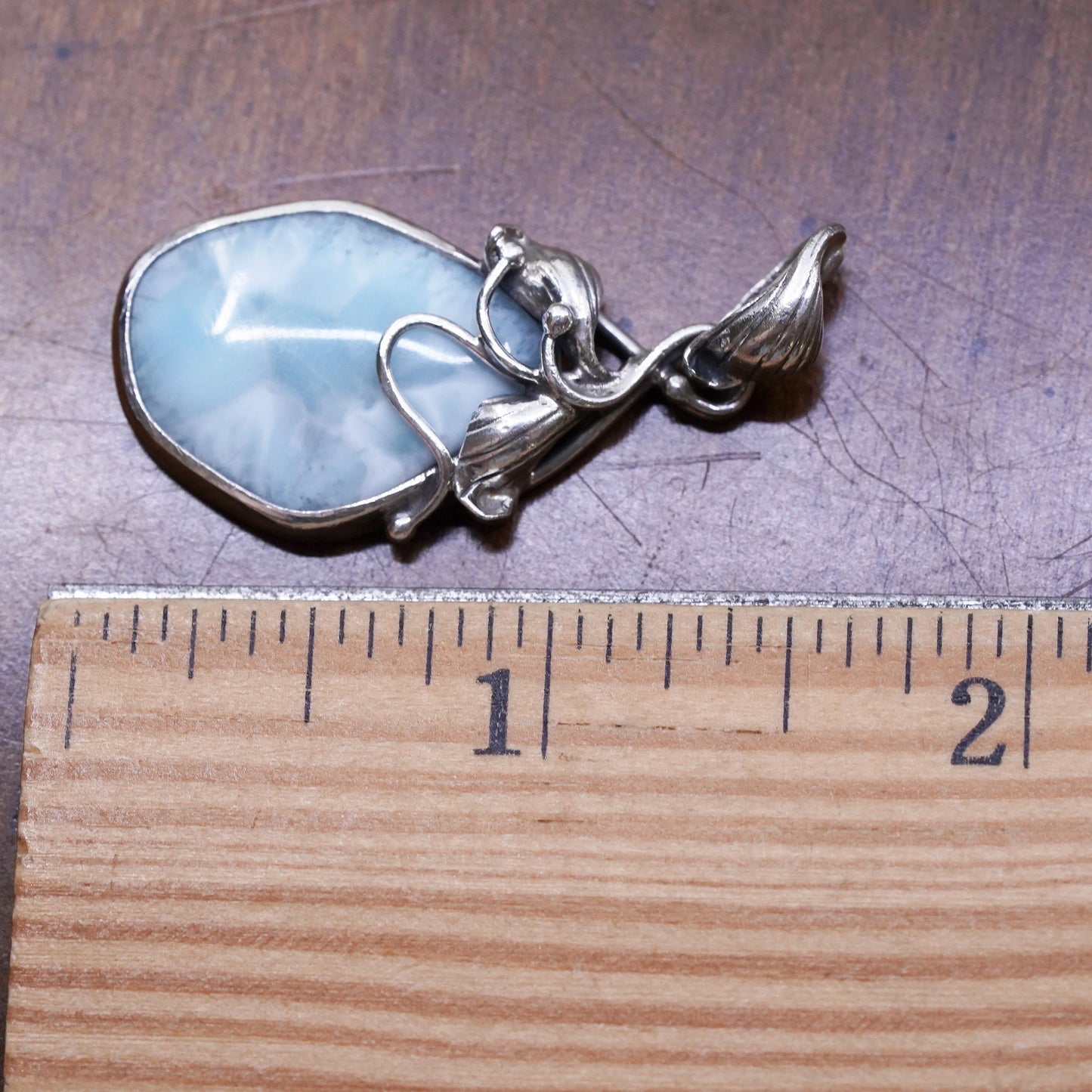 Vintage southwestern sterling 925 silver handmade pendant with Larimar leaves