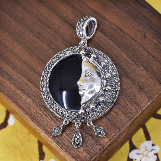 Vintage Sterling Silver Handmade Pendant, 925 moon face circle marcasite onyx