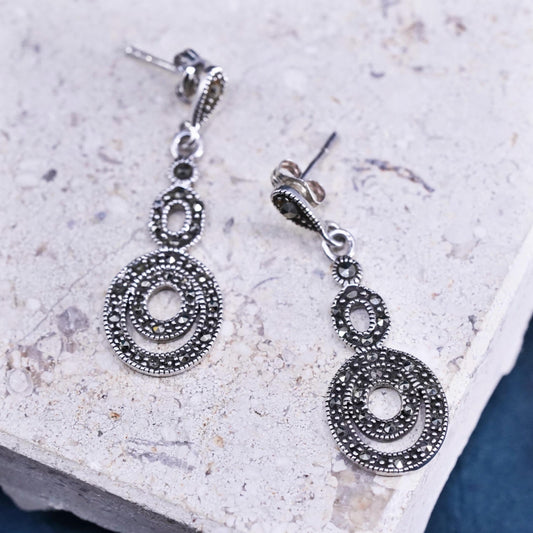 Vintage sterling silver handmade earrings, 925 circle with marcasite details