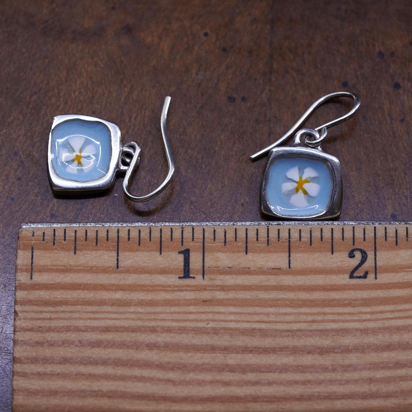 Vintage sterling silver handmade discs earrings with blue enamel flower