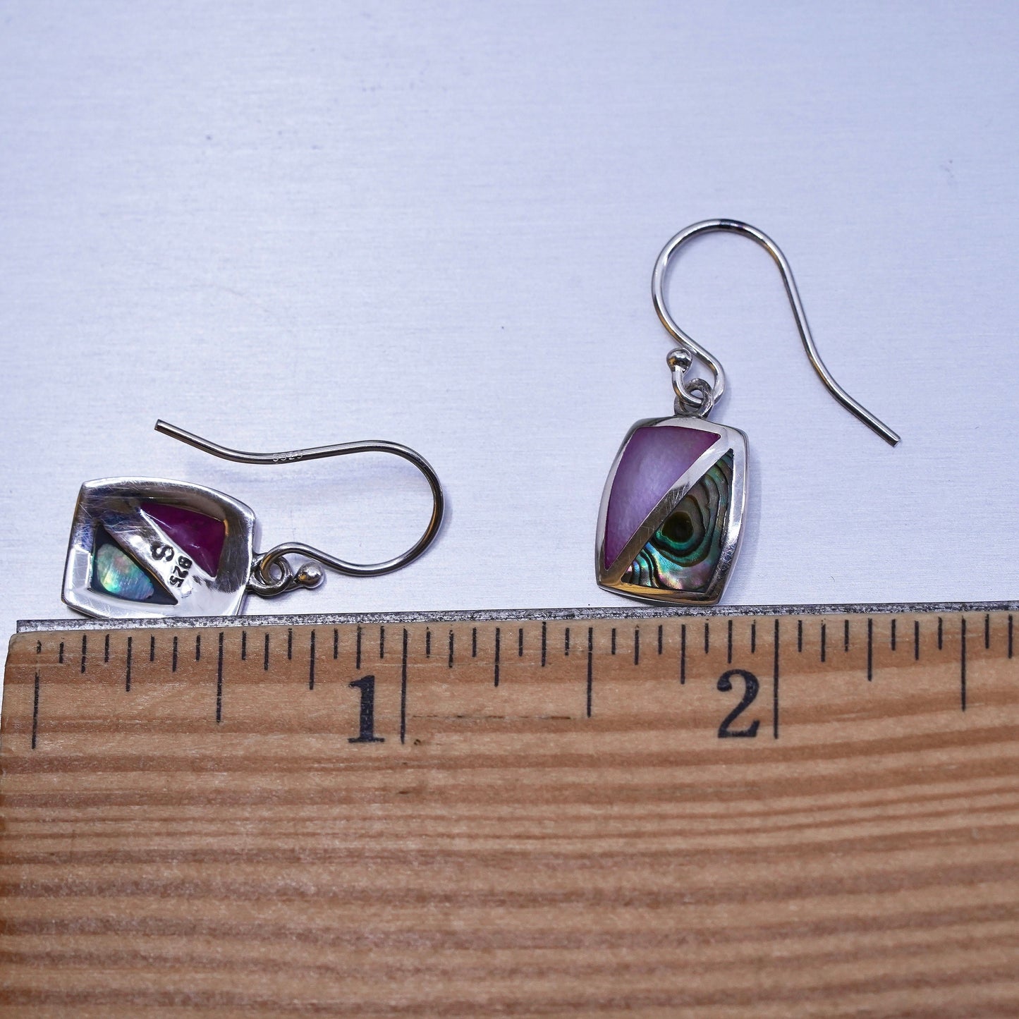 sterling silver earrings, 925 regtangular with abalone and pink mother of pearl