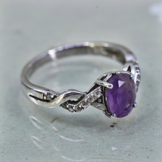 Size 7.5, vintage Sterling 925 silver handmade ring with amethyst and cz