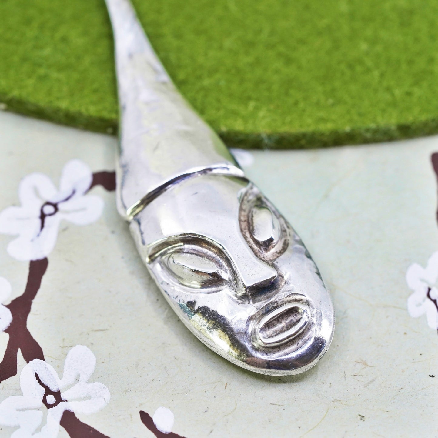 Vintage Mexican Sterling 925 silver Handmade long face brooch pin