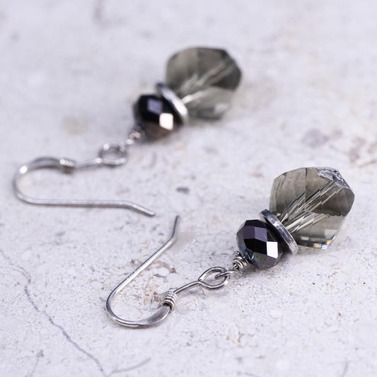 Vintage sterling silver handmade earrings, 925 hooks with smoky quartz beads