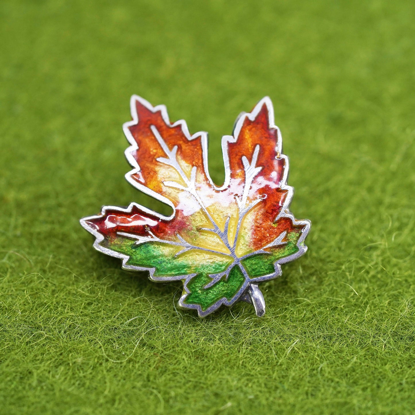 Vintage Sterling silver handmade brooch, 925 enamel maple leaf pin