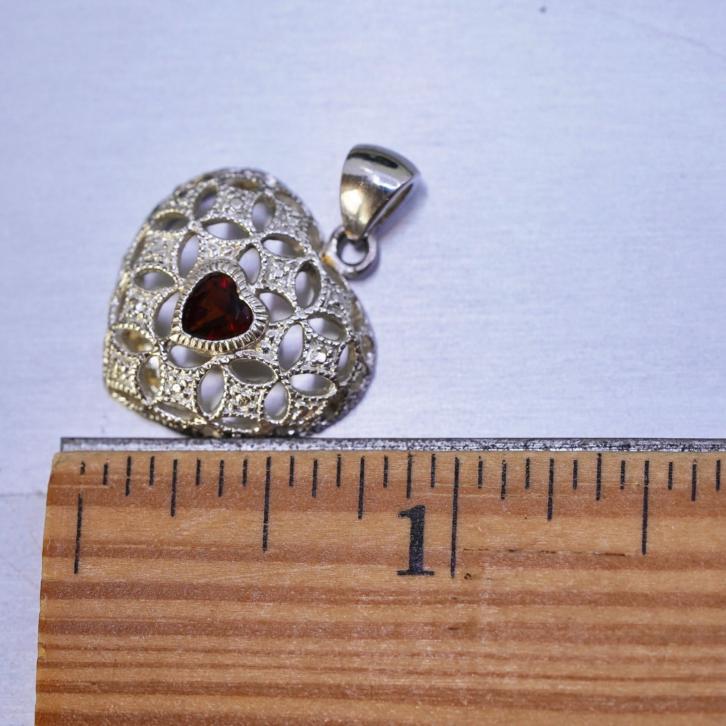 vintage sterling silver handmade pendant, 925 filigree heart charm with garnet