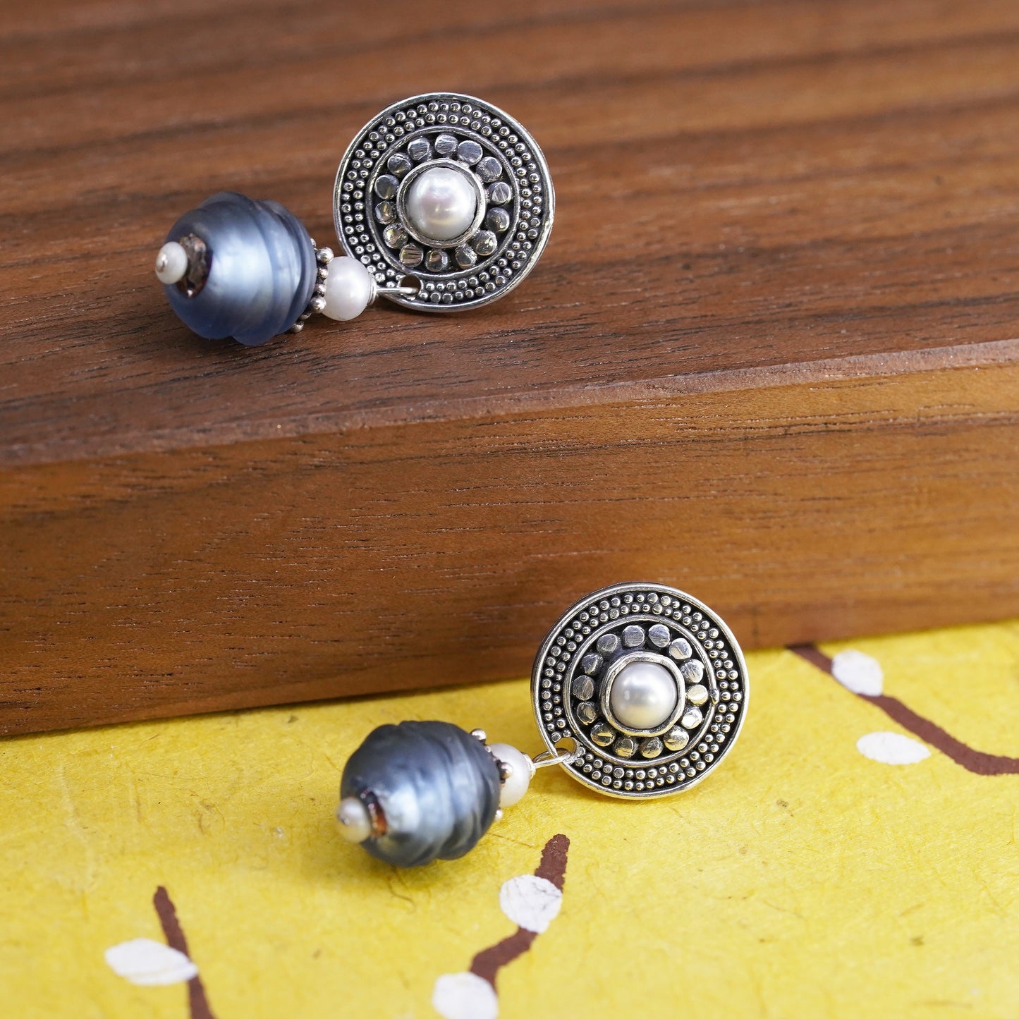 Vintage sterling silver earrings, bali 925 discs with pearl and blue glass bead