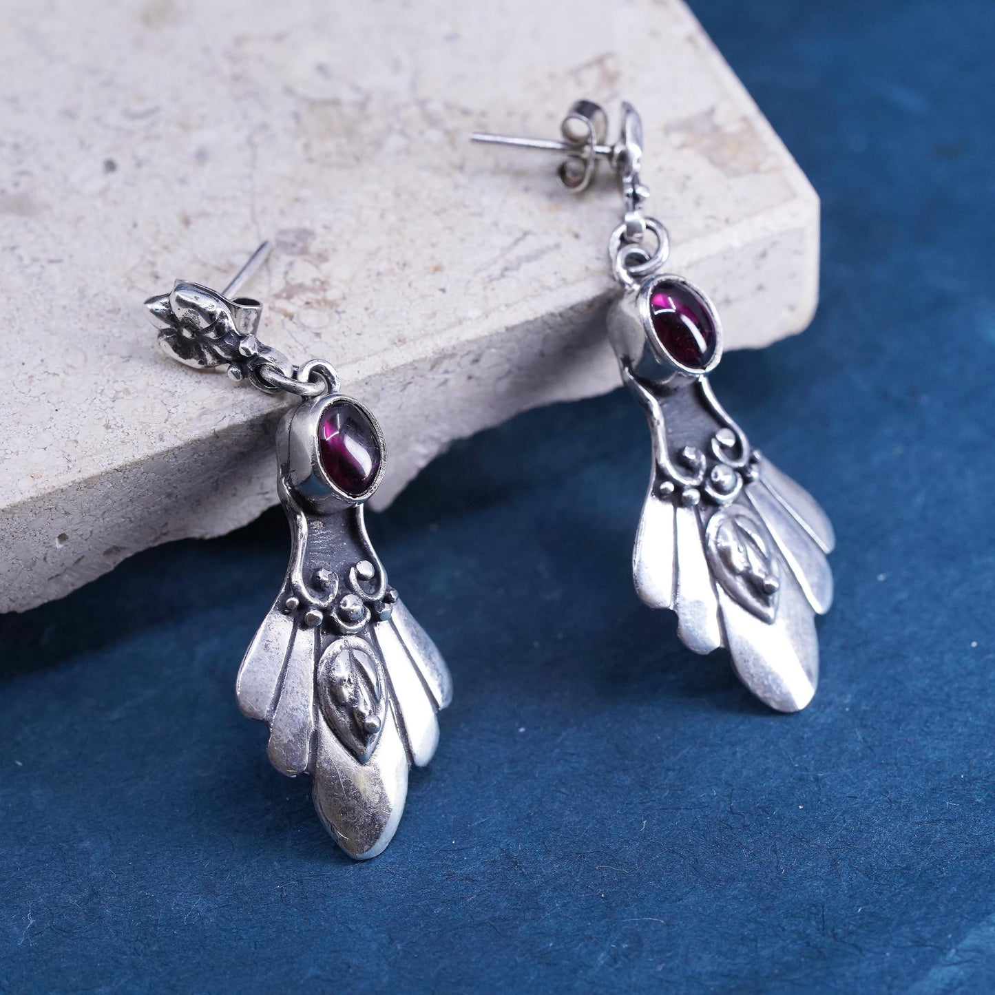 Vintage sterling silver handmade earrings, 925 feather with garnet and beads