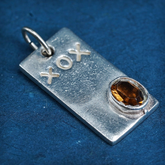 Sterling silver pendant, rectangular 925 tag charm embossed “XOX” with citrine