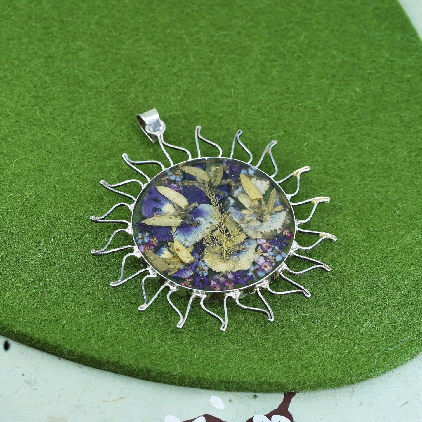 Vintage Sterling silver handmade pendant, huge 925 resin sun w/ flower pendant