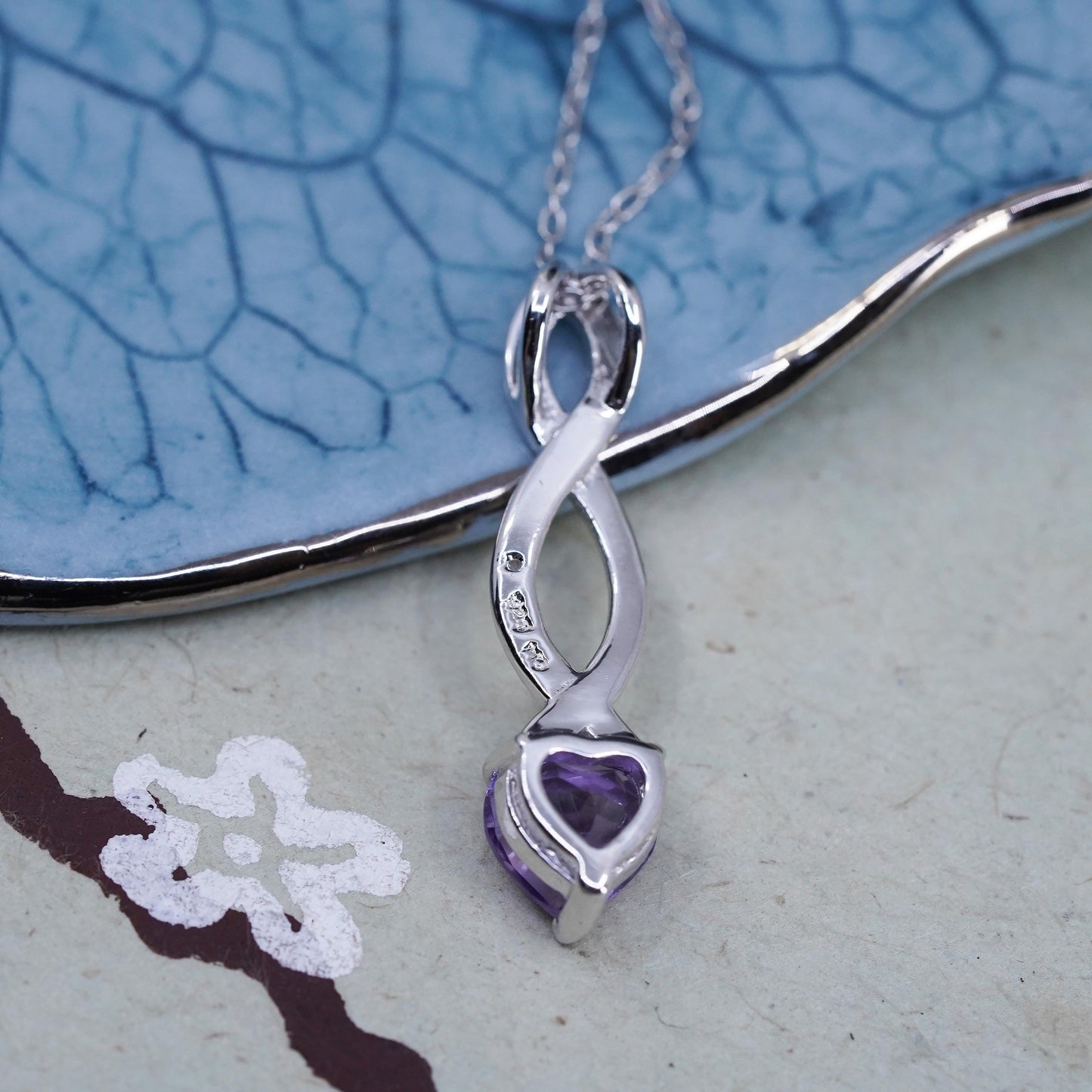 18" 1mm, sterling silver necklace, 925 circle chain with heart amethyst pendant