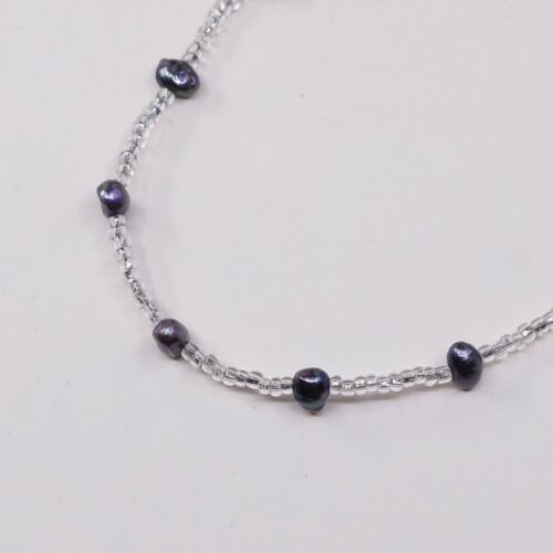 23" Vtg Sterling 925 silver handmade necklace With Black Pearl N Crystal Beads