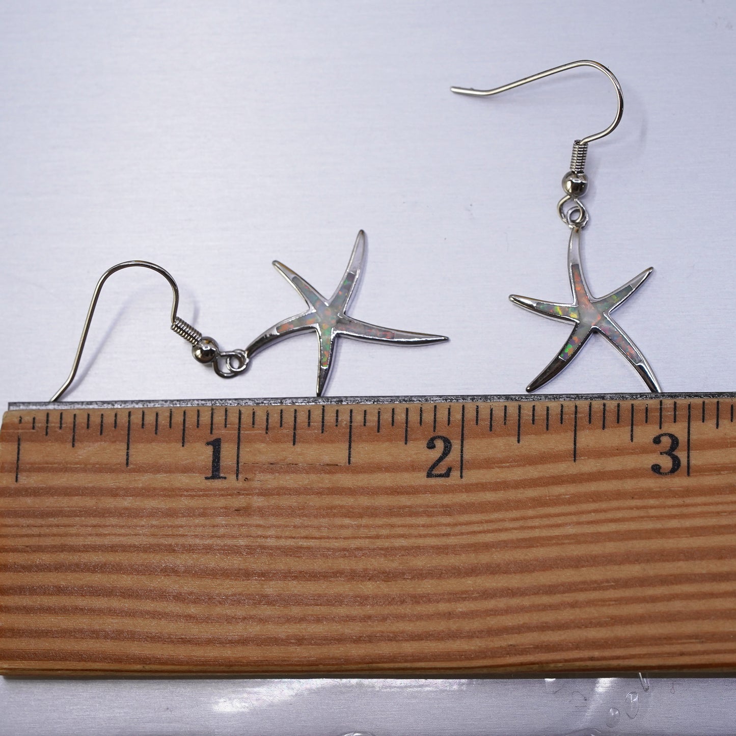 Vintage sterling silver handmade earrings, 925 starfish with opal Inlay