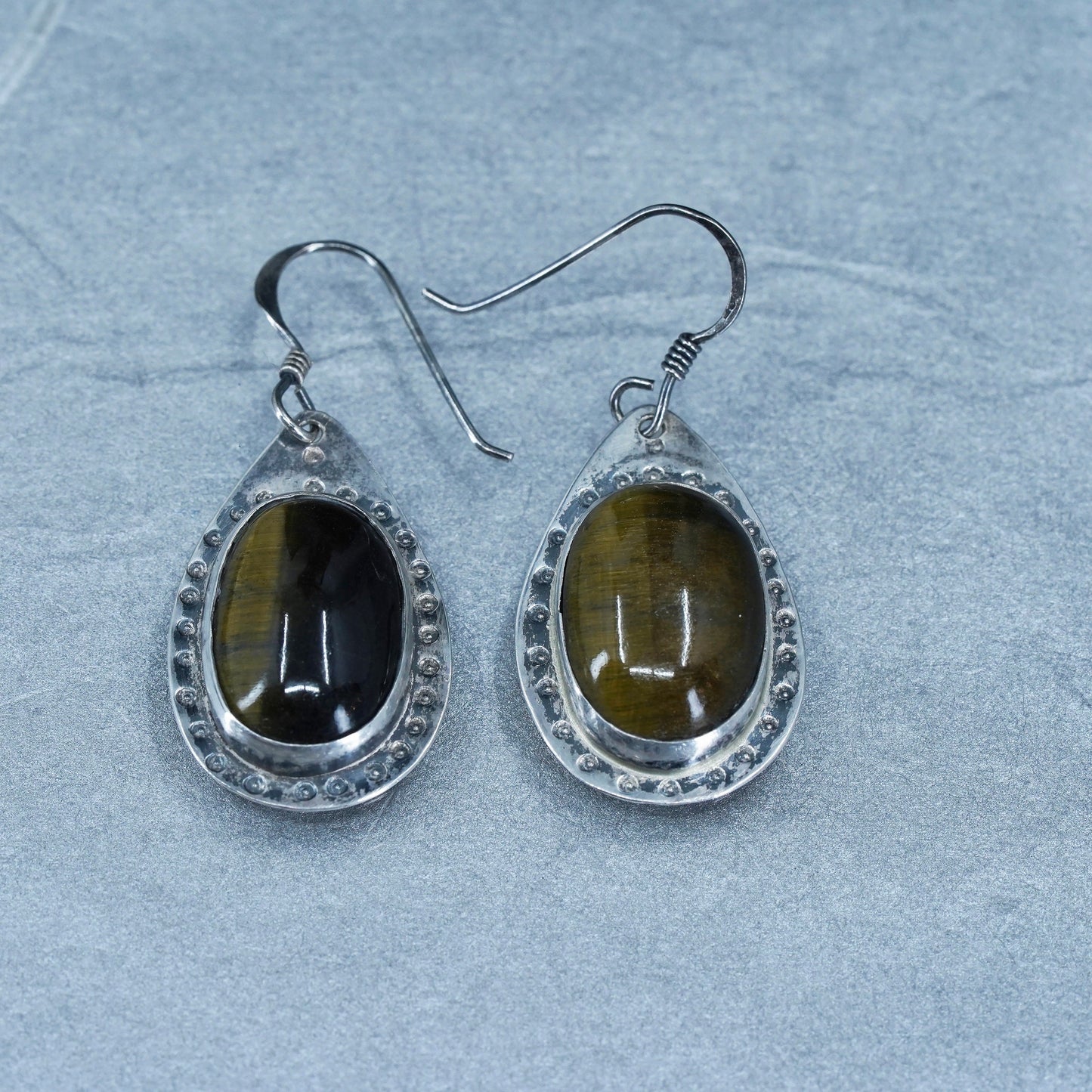 Vintage Sterling 925 silver handmade earrings with oval golden tiger eye