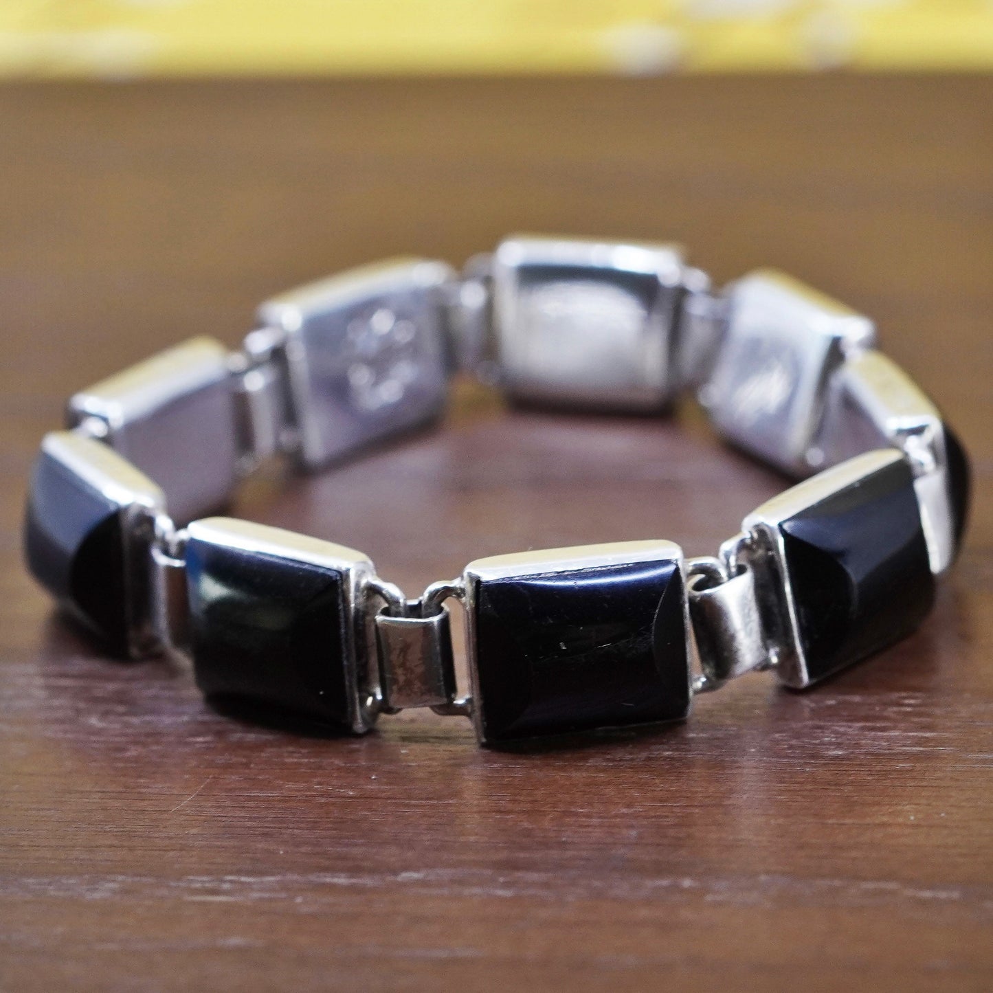 6.75”, Sterling silver handmade bracelet, Mexico 925 chain with square onyx