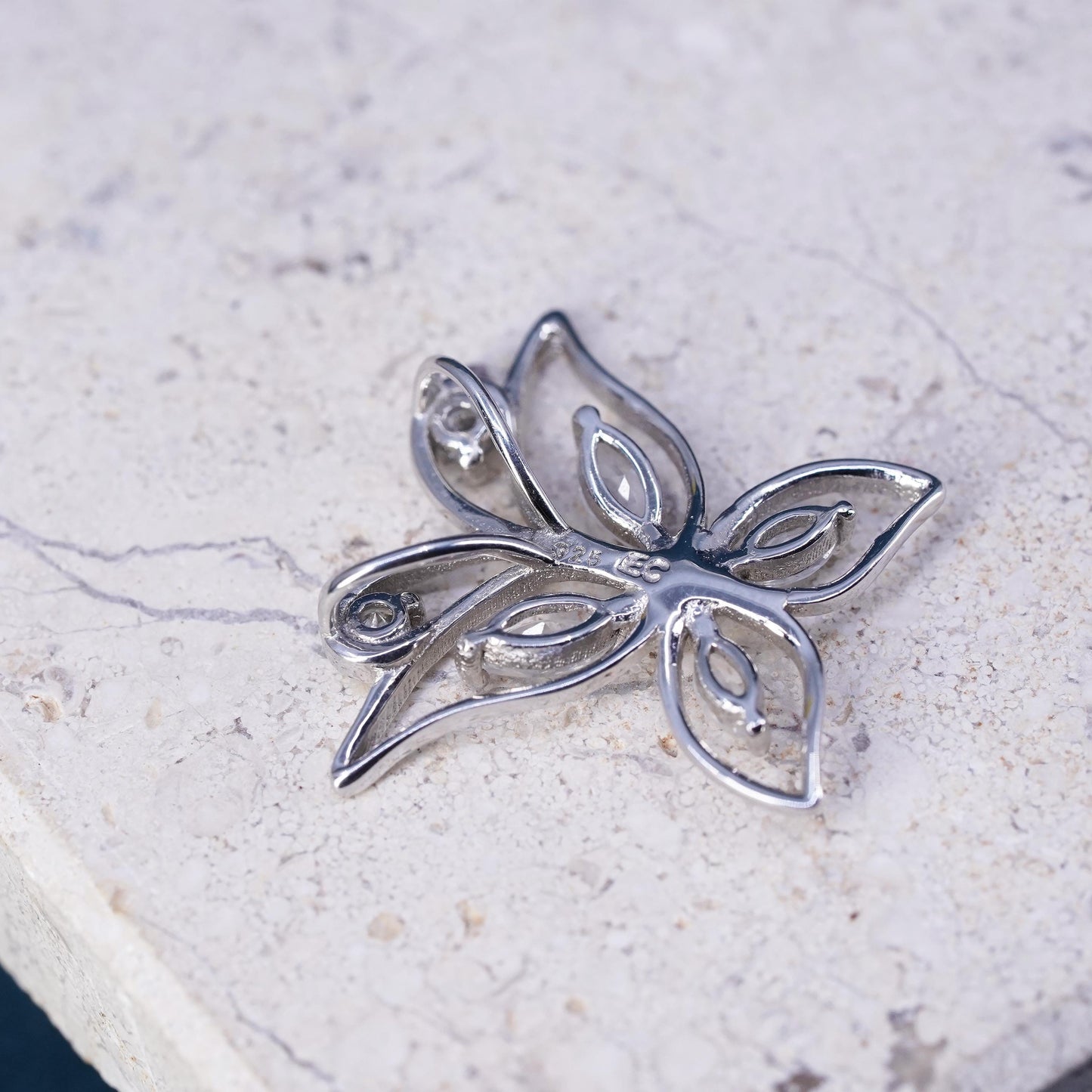 Vintage Sterling 925 silver handmade butterfly pendant, with cluster cz