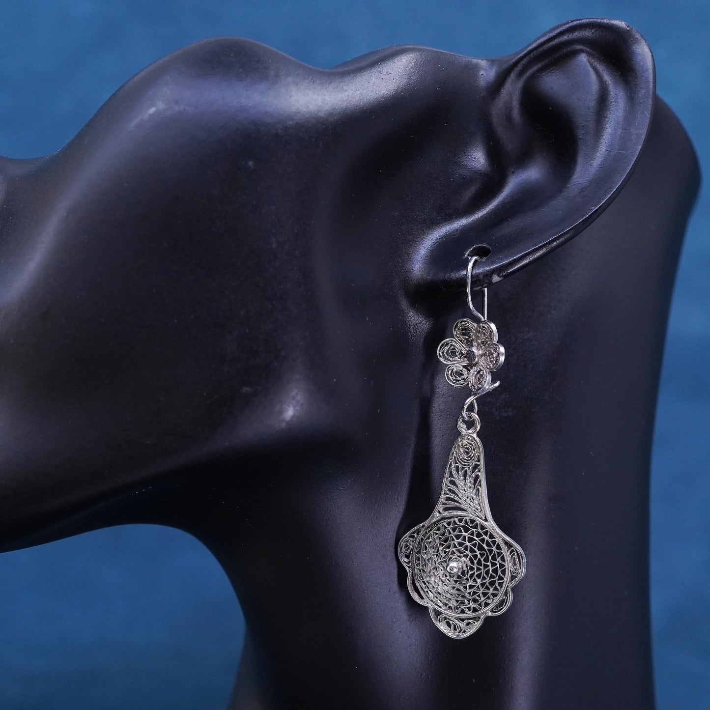 Vintage sterling silver handmade earrings, 925 filigree flower teardrop dangles